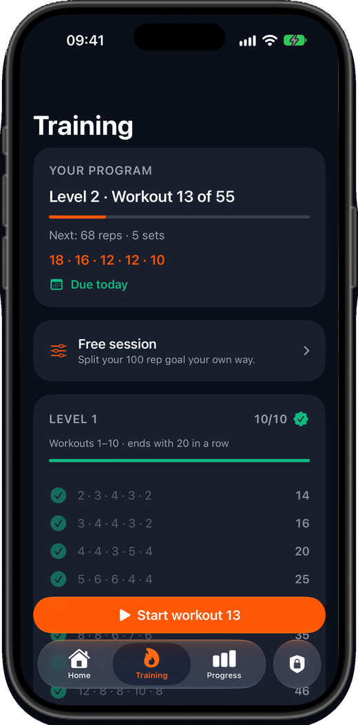 RepStreak training tab: level 2, workout 13 of 55, next workout of 68 reps in 5 sets